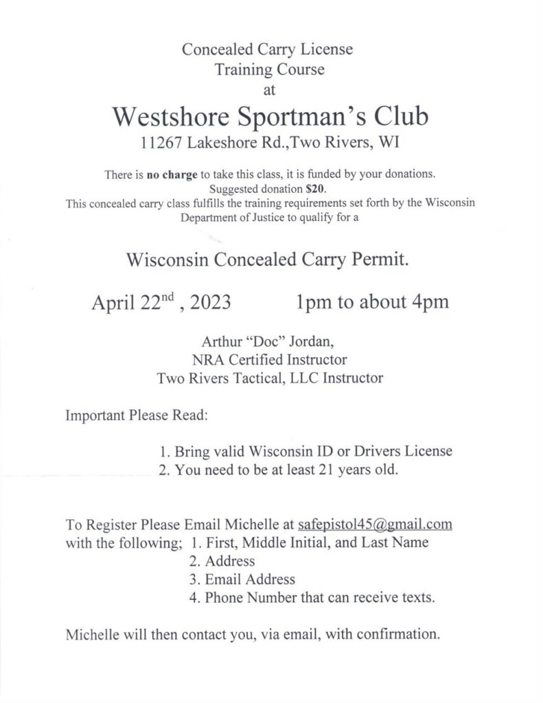 CONCEALED CARRY LICENSE COURSE AT WESTSHORE SPORTSMAN CLUB APRIL 22, 2023