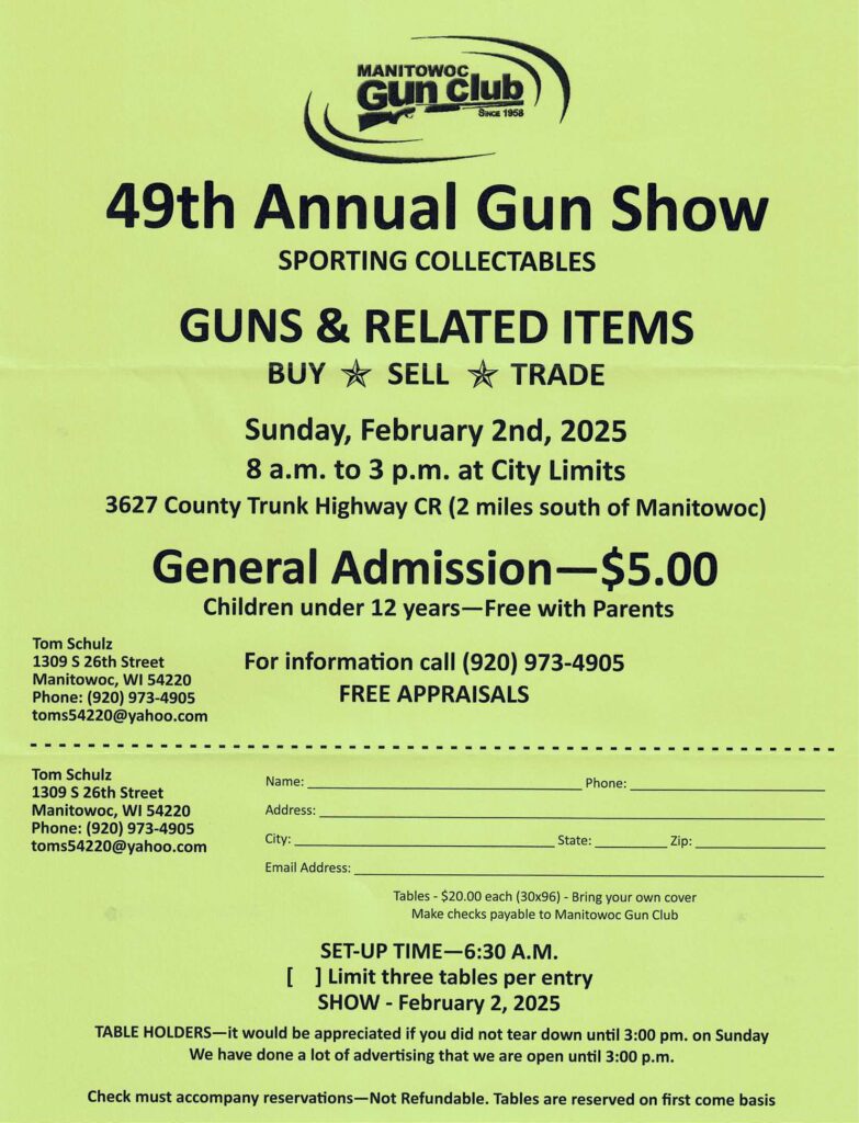 Manitowoc Gun Club Gun Show Feb 2nd at City Limits